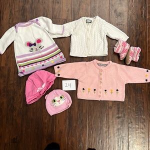 Baby girl sweater, hat and slipper lot